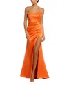 Mac Duggal Strapless Gathered High Slit Gown In Sherbet