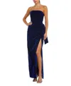 Mac Duggal Strapless High Slit Draped Velvet Gown In Cobalt