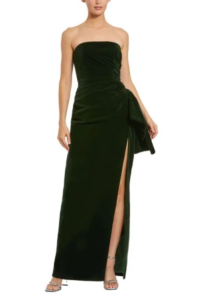 Mac Duggal Strapless High Slit Draped Velvet Gown In Green