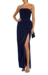 Mac Duggal Strapless High Slit Draped Velvet Gown In Multi