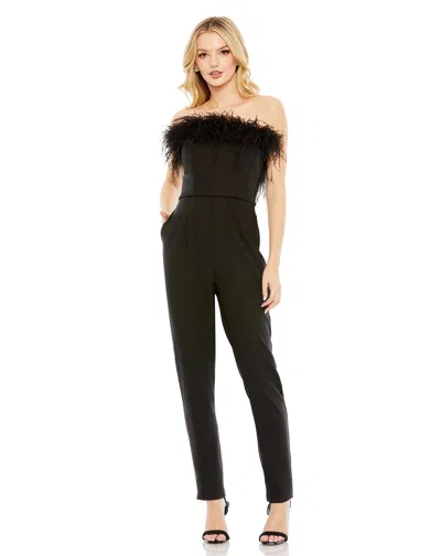 Mac Duggal Feather Trim Strapless Jumpsuit In Black