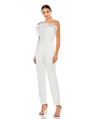 Mac Duggal Strapless Jumpsuit With Feather Trim In White
