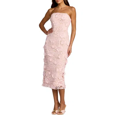 Mac Duggal Strapless Lace Floral Detail Fitted Midi Dress In Pink