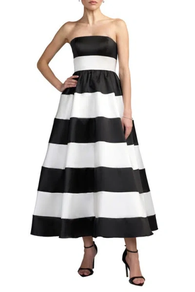Mac Duggal Strapless Mikado Striped Midi Dress With Pockets In Multi