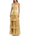 Mac Duggal High Neck Heat Pleated Tiered Ruffle Metallic Gown In Gold