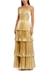 Mac Duggal Strapless Pleated Metallic Layered High Low Gown In Gold