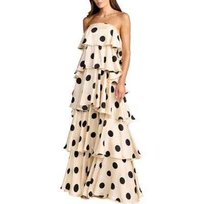 Mac Duggal Strapless Polka Dot Charmeuse Ruffle Gown In Neutral