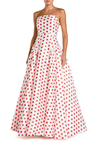 Mac Duggal White Strapless Polka Dot Mikado Ball Gown In Multi
