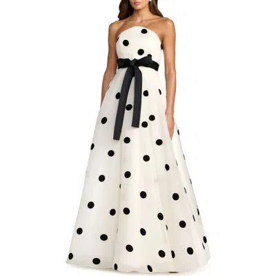 Mac Duggal Strapless Polka Dot Organza Ball Gown With Satin Bow In White