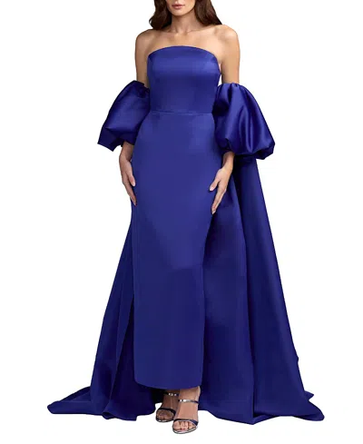 Mac Duggal Strapless Puff Sleeve Satin Gown With Cape In Blue