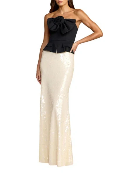 Mac Duggal Strapless Rosette Crepe And Sequin Gown In Black