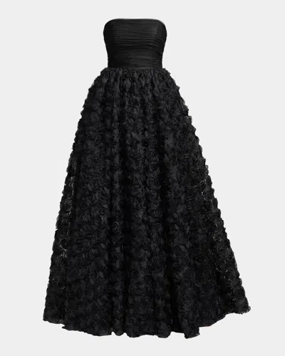 Mac Duggal Strapless Rosette Lace Ballgown In Black