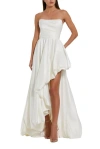 Mac Duggal Strapless Ruched High Low Gown In White