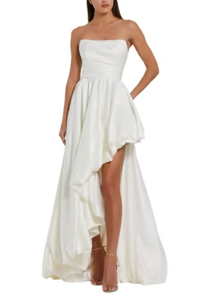 Mac Duggal Strapless Ruched High Low Gown In White