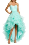 Mac Duggal Strapless Ruched Sweetheart Ruffle High Low Gown In Blue
