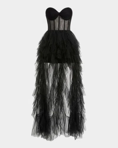 Mac Duggal Strapless Bustier Net Gown With Spiral Ruffles In Black
