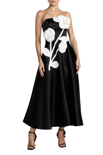 Mac Duggal Strapless Satin A-line Gown With 3d Floral Appliqué In Black