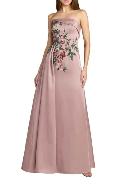 Mac Duggal Strapless Satin Beaded Floral Gown In Brown