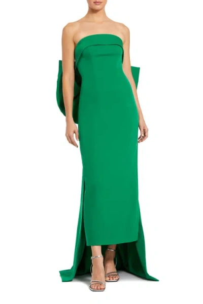 Mac Duggal Strapless Satin Column Ankle Dress With Bow Detail In Green