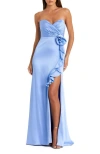 Mac Duggal Strapless Satin Column Gown With 3d Flower In Ice Blue