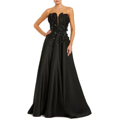 Mac Duggal Strapless Satin Floral Beaded Embellished Ballgown In Multi