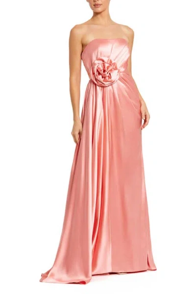 Mac Duggal Strapless Satin Gown With 3d Flower