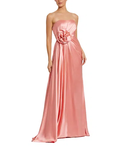 Mac Duggal Strapless Satin Gown With 3d Flower In Coral