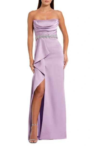 Mac Duggal Strapless Satin Gown With Embellished Belt Detail In Lilac