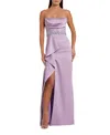 Mac Duggal Strapless Satin Gown With Embellished Belt Detail In Lilac
