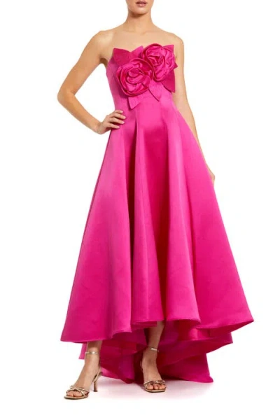 Mac Duggal Strapless Satin High Low Gown With 3d Flowers In Pink