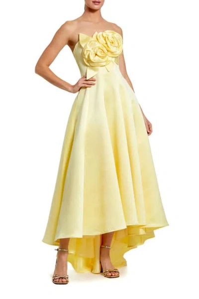 Mac Duggal Strapless Satin High Low Gown With 3d Flowers In Yellow
