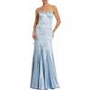 Mac Duggal Strapless Satin Mermaid Gown With Bow Details In Powder Blue Silver