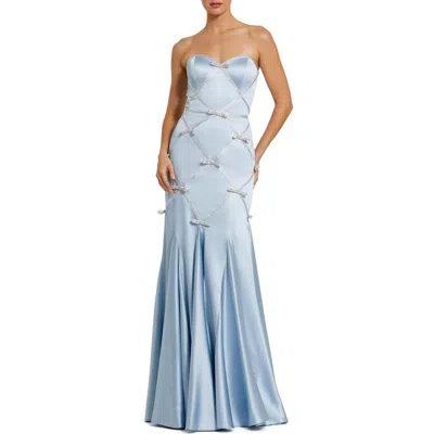 Mac Duggal Strapless Satin Mermaid Gown With Bow Details In Powder Blue Silver