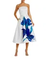 Mac Duggal Strapless Satin Midi Dress With Flower Print In White