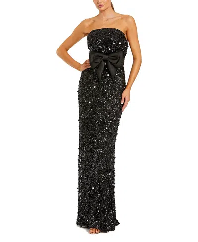 MAC DUGGAL STRAPLESS SEQUIN COLUMN EVENING GOWN WITH BOW