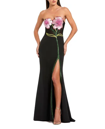 Mac Duggal Strapless Sheer Bustier Crystal Flower Gown In Black