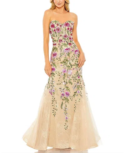 Mac Duggal Strapless Sheer Bustier Embroidered Mermaid Gown In Pink Multi