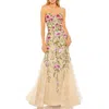 Mac Duggal Strapless Sheer Bustier Embroidered Mermaid Gown In Pink Multi