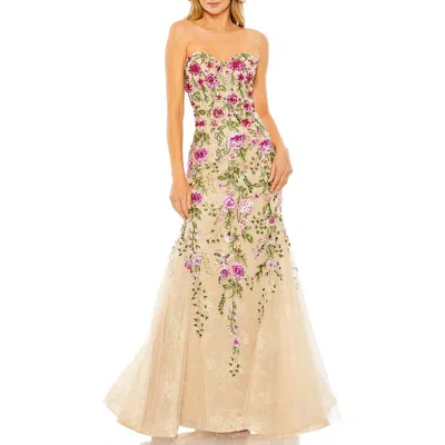 Mac Duggal Strapless Sheer Bustier Embroidered Mermaid Gown In Pink Multi