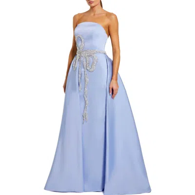 Mac Duggal Strapless Stretch Satin Column Gown With Overskirt In Blue