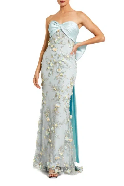 Mac Duggal Strapless Sweetheard Embellished Gown With Bow In Blue