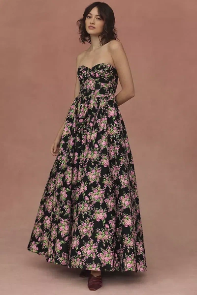 Mac Duggal Strapless Sweetheart Brocade Floral A-line Maxi Dress In Black