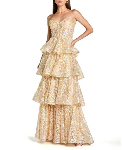 Mac Duggal Strapless Sweetheart Neck Tiered Ruffle Gown In Neutral