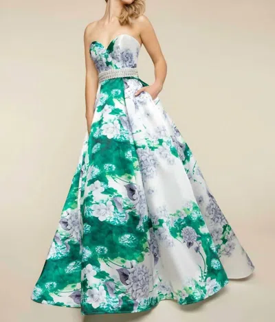 Mac Duggal Strapless Sweetheart Neckline Floral Ball Gown In Spring Green In Multi