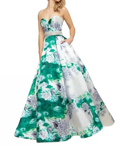 Mac Duggal Strapless Sweetheart Neckline Floral Ball Gown In Spring Green In Multi