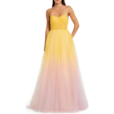 Mac Duggal Yellow And Pink Strapless Corset Ombre Tulle Ballgown In Gold