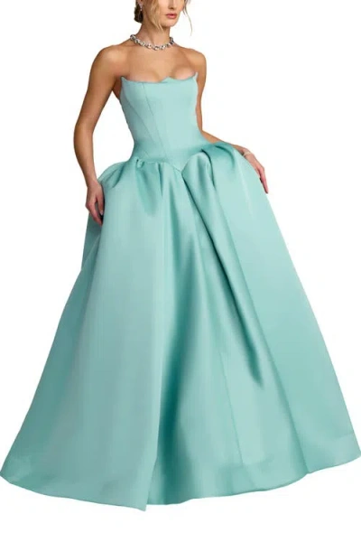 Mac Duggal Strapless Sweetheart Satin Ball Gown With Pockets In Blue