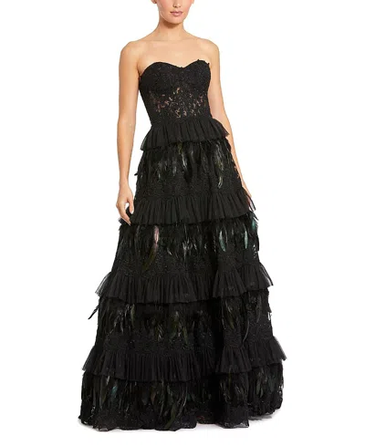 Mac Duggal Strapless Tiered Lace & Feather Gown In Black