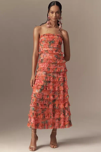 Mac Duggal Strapless Tiered Ruffled A-line Midi Dress