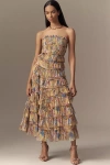 Mac Duggal Strapless Tiered Ruffled A-line Midi Dress In Multicolor
